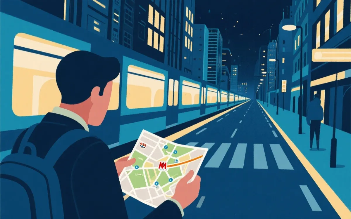 球迷在城市地铁与街区间移动的旅行规划视觉图